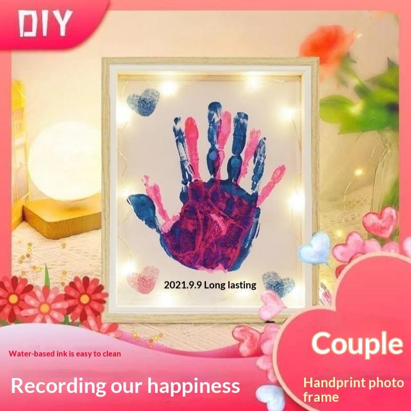 Diy Couple Hand Paint Shadow Box Frame Wooden Handprint Photo Frame 12-Color Paint Set Display Gifts