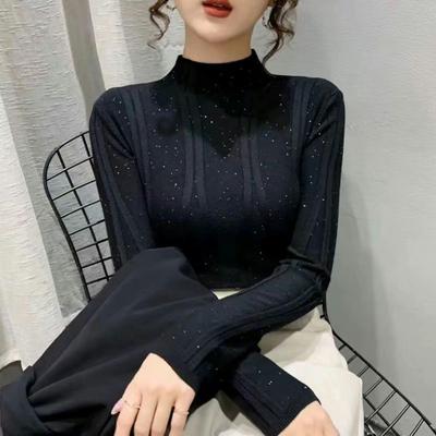 Women's Korean Style Winter Half Turtleneck High-End Diamond-Inlaid Base Sweater Knitwear Top