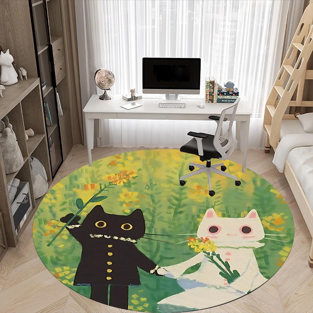1PC Cat Wedding Office Round Area Rug, Mat Suitable ForOffice, Under Office Chairs Bedroom Living Room Home Decor, Room Deco
