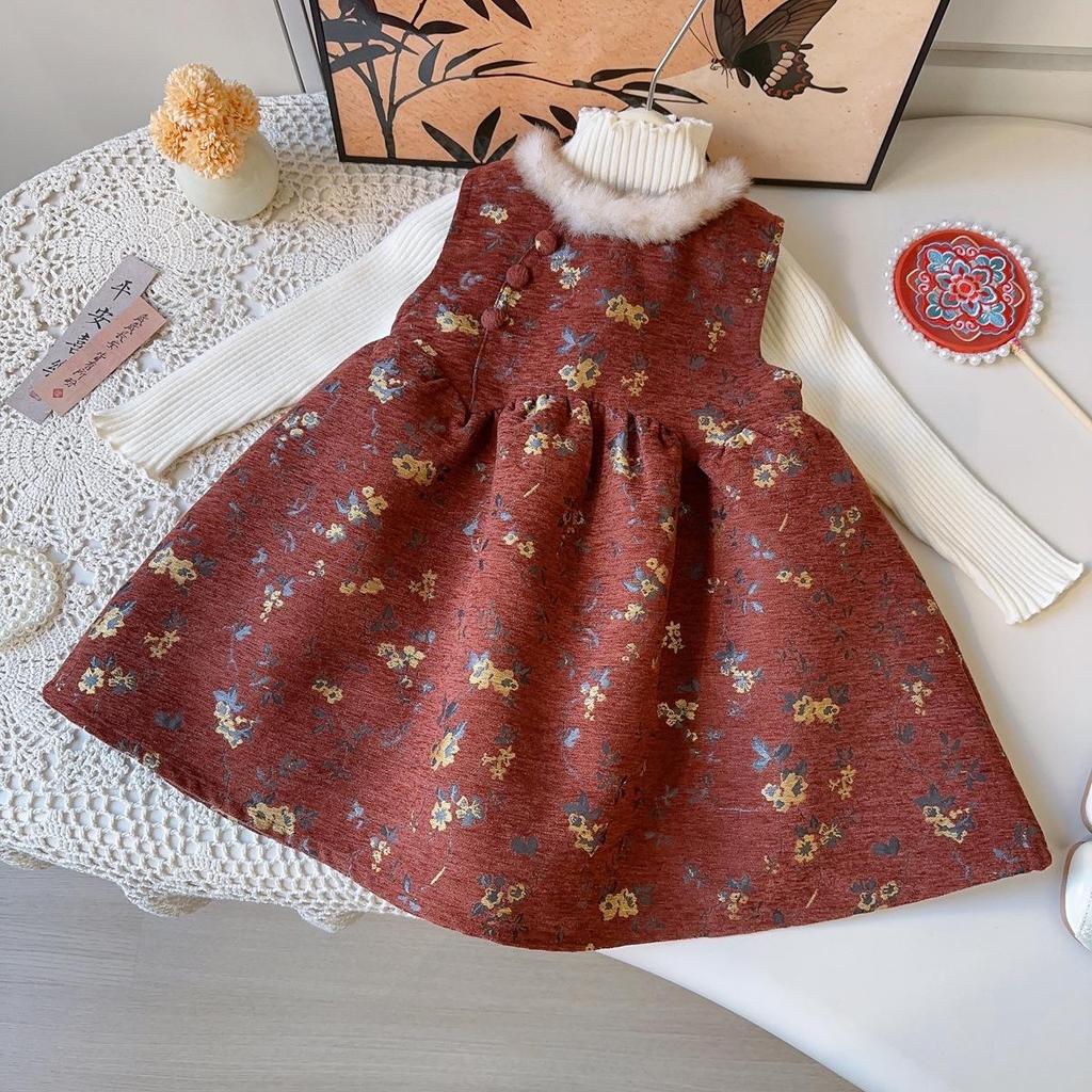 New Arrival: Thick Warm Chinese Style Sleeveless Winter Dress for Girls - Puffy Skirt