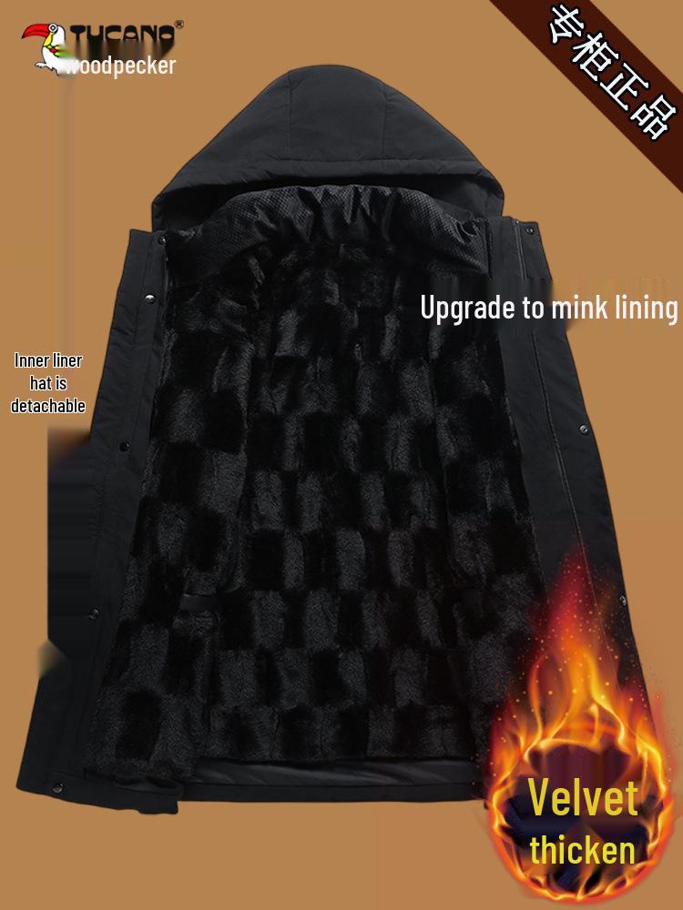 Men's Woodpecker Plus Velvet Mid-length Jacket with Hood, Detachable Liner, Cotton Winter Coat for Middle-aged and Elderly