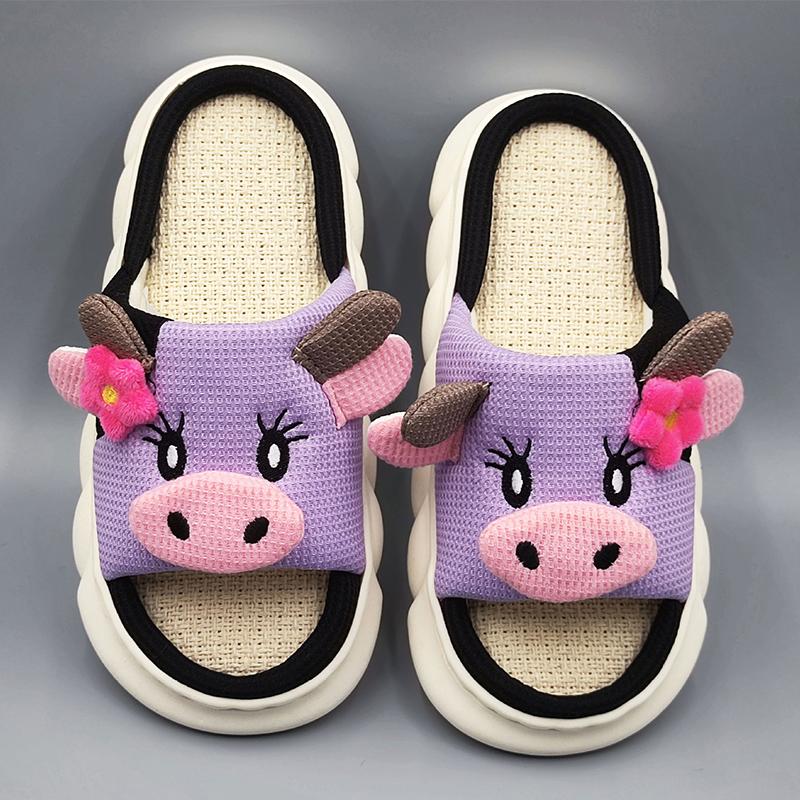 Fashion Lovely Cow Linen Slippers for Women Spring Autumn Open Toe Platform Linen Slides Woman Soft Non Slip House Slippers Female