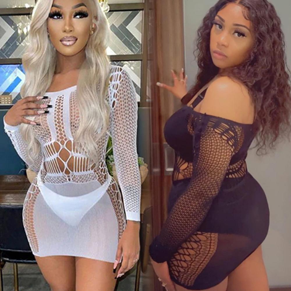 Red Sexy Dress Fishnet Babydolls Dress Ladies Costume Mesh Women Lingerie Erotic Clothes Internet Night Clubwear Nightdress