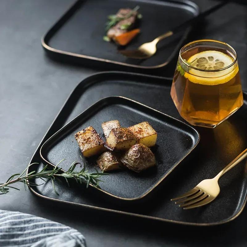 Black Phnom Penh Steak Plate 8-inch Square Household Steak Plate and Vegetable Plate Restaurant Italian Noodle Western Tableware