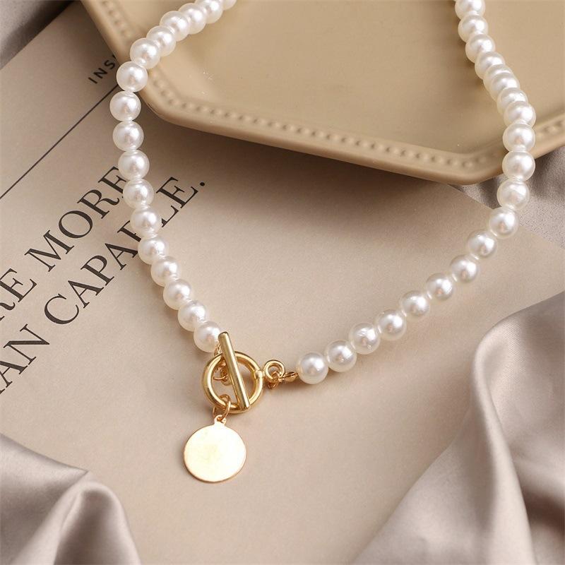 Vintage Bar Handmade Pearl Necklace Disc Neck Chain Niche Premium Clavicle Chain Women's Fashion Summer