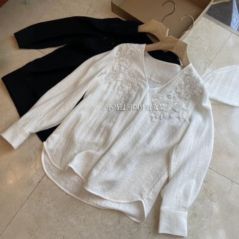 Women French Style V Neck Long Sleeve Beaded Embroidery Elegant Casual Shirt S