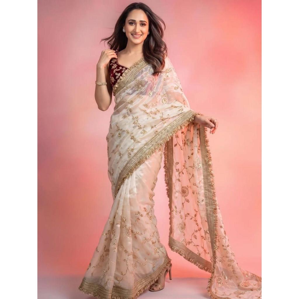 Saree da Sera per il Gran Lancio - Lavorazione con Perline Spazio Seta Velluto Edizione Lucida