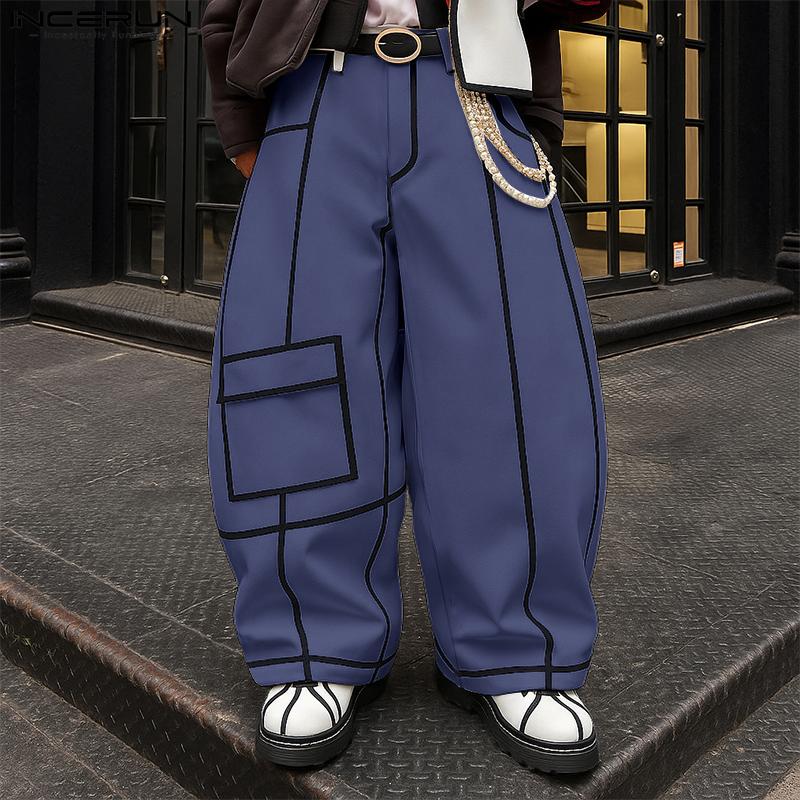 INCERUN Men Zipper Waist Stitching Casual Long Trousers Wide Legs Pants