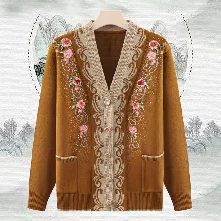 Ethnic Style Women's Thick Cardigan  Autumn Winter Embroidered Rhinestone V-Neck Knit Cardigan