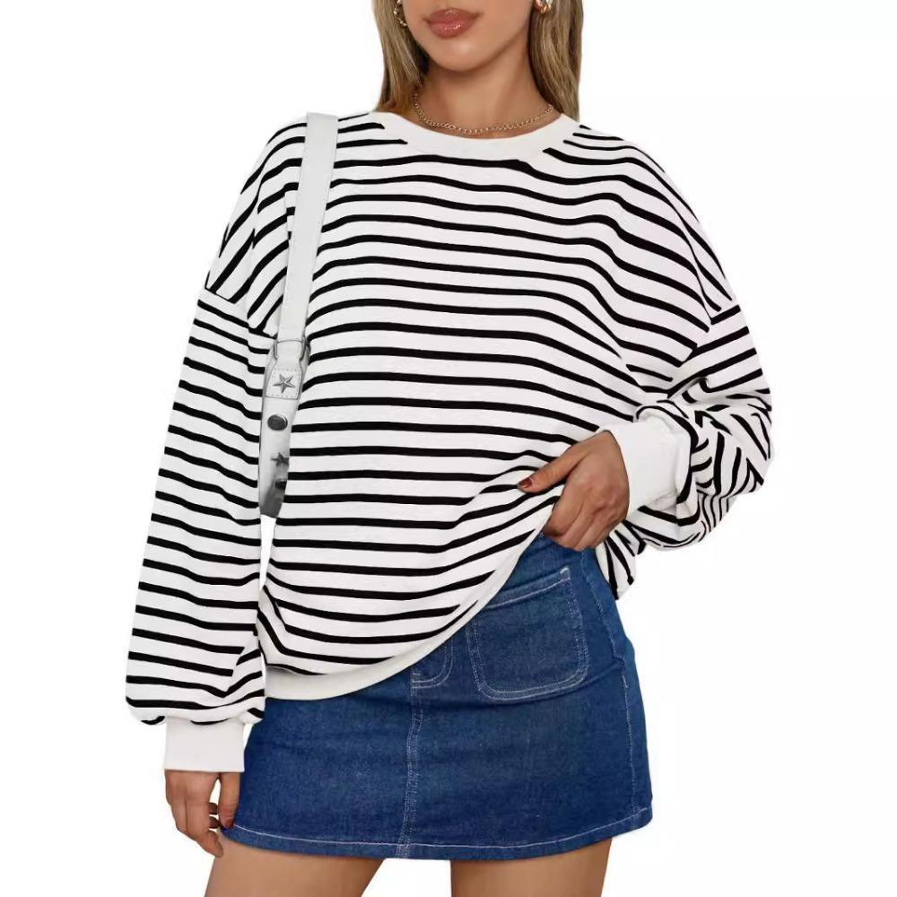 Autumn and Winter Colorful Striped Round Neck Loose Sweatshirt for Women