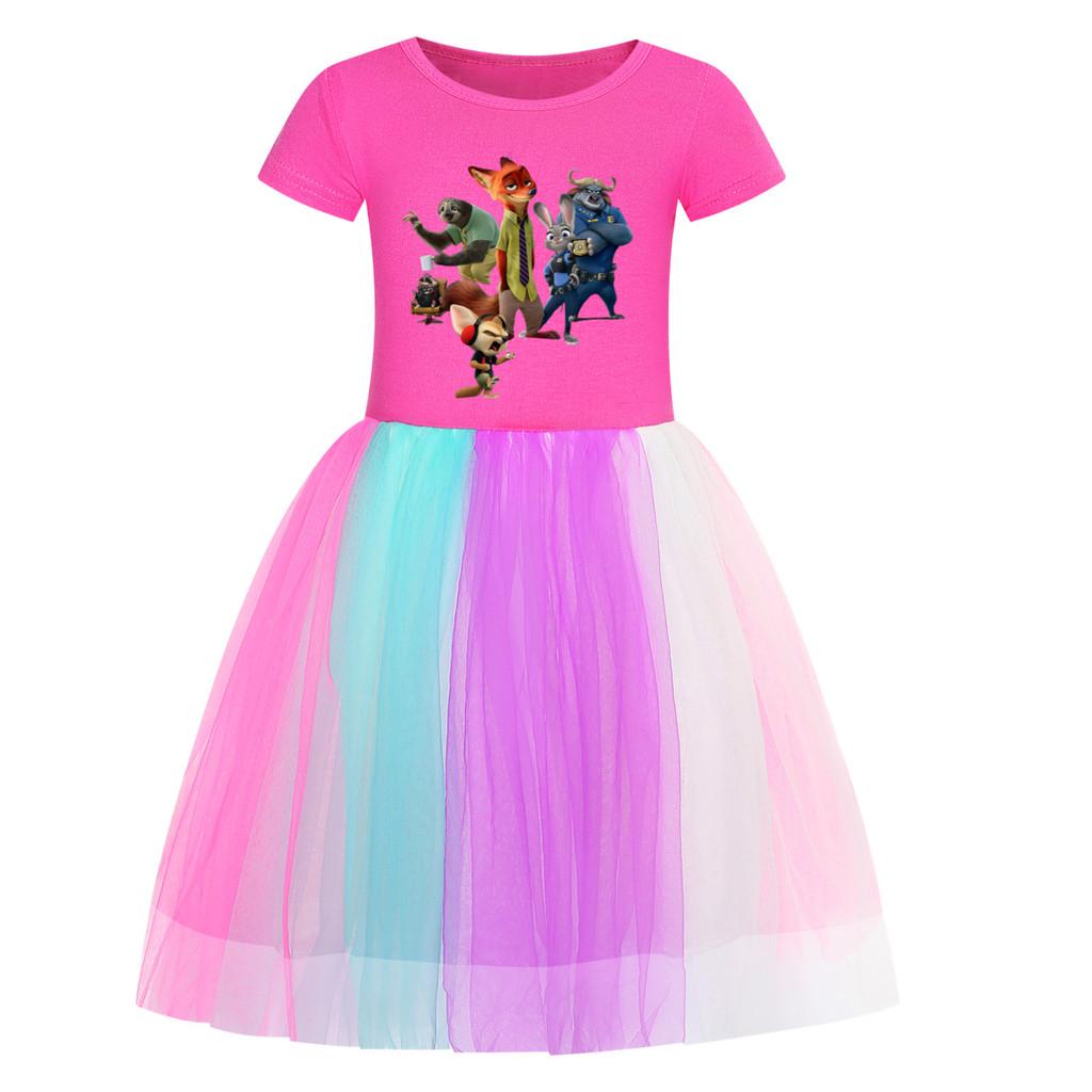 Rochie Casual din Bumbac cu Mâneci Scurte pentru Fete, cu Imprimeu Vulpe Iepure, Plasă Curcubeu, Gât Rotund