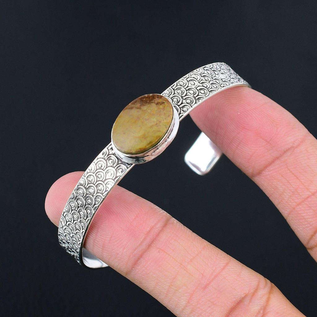 Anniversary Gift For Her Natural Landscape Jasper Bangle Adjustable 925 Silver