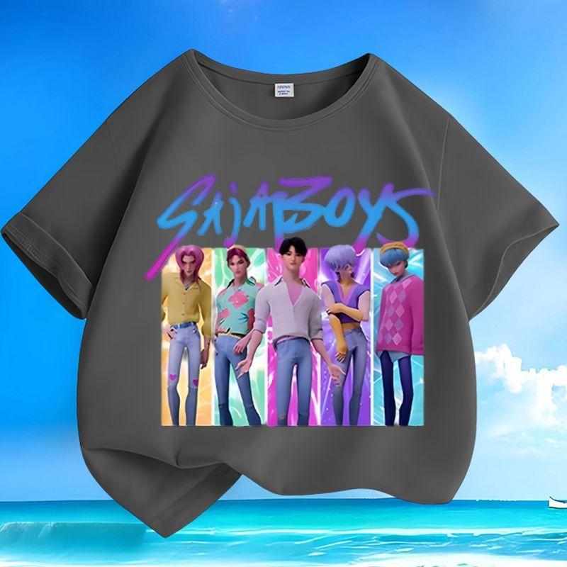 Boys' and Girls' Fashionable Vampire Hunting Girl Group Boys' Group Shirt, Summer Children's Casual Pure Cotton T-shirt