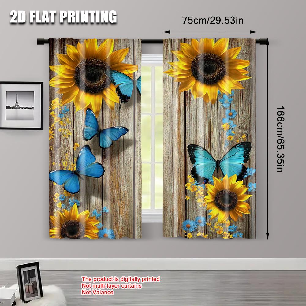 Flat Printing Scene Curtains Butterflies Sunflowers Wooden Wall Durable Polyester Fabric Without Electricity Set Of 2 Made