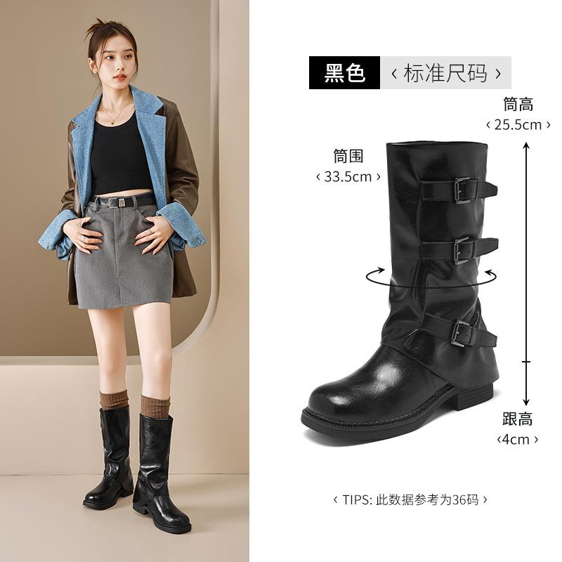 Augustine black boots women's 2025 new autumn mid-tube knight boots retro British platform Martin boots