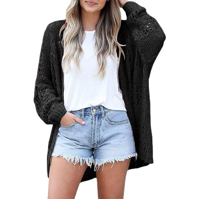 New Fashion Fall New Arrival Cardigan Long Sleeves Loose Sweater Pure Color Cut Out Coat Sweater Female Export Elegant