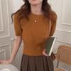 Women's High-End Soft Gray Knitwear: Bubble Sleeve Fitted Round Neck Short Sleeve Sweater for Autumn/Spring