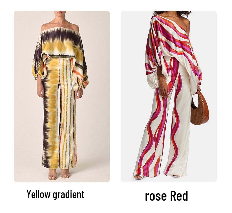 European & American Women's Print Top & Wide-Leg Pants Set with Batwing Sleeves