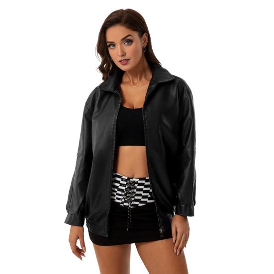 Women Winter Faux Leather Coat Zipper Long Sleeve Jacket with Lapel Solid Color And Pockets Boyfriend Motorcycle Streetwear