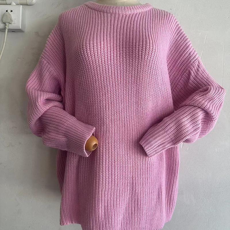 Women Autumn Winter Round Collar Long Sleeve Wardrobe Staple Warm Solid Color Comfy Loose Pullovers Knitted Sweater Top