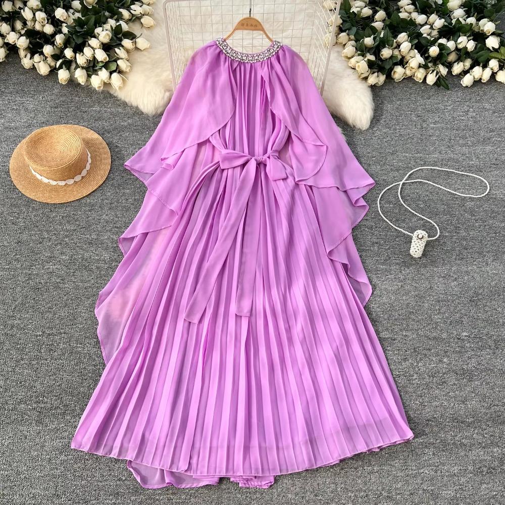 Elegante vestido largo plisado de gasa con cuello redondo, cordones y mangas estilo capa vintage para mujer, ropa de calle de moda