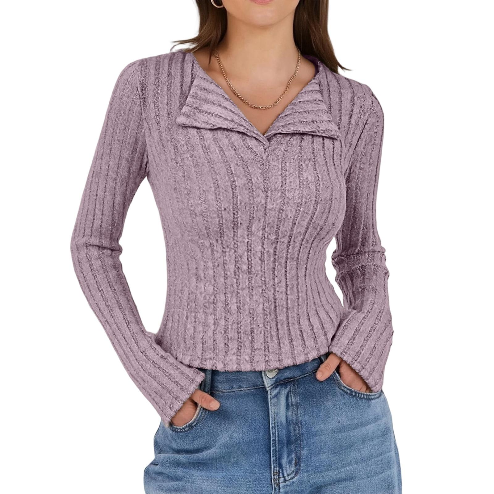 

Women s Fashion V Neck Long Sleeve Ribbed Elegant Commuting And Casual Top XL фіолетовий