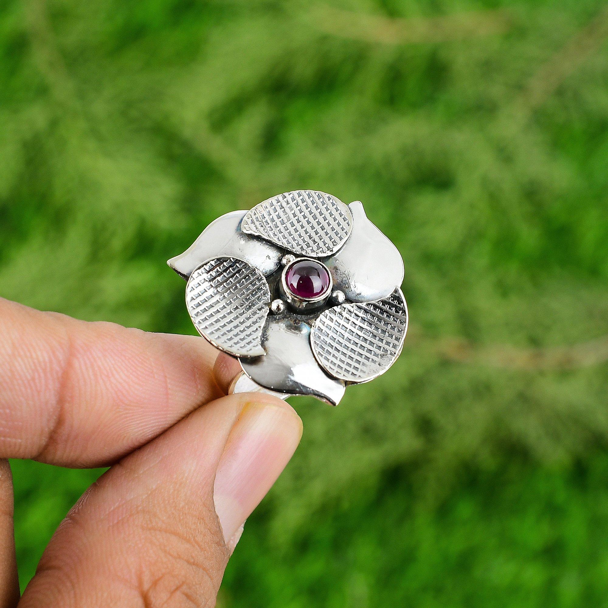 

Gift For Her 925 Silver Natural Pink Tourmaline Stackable Flower Adjustable Ring Adjustable