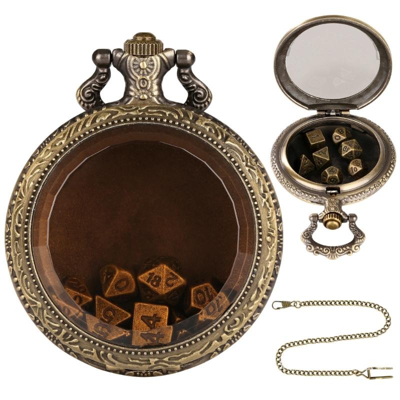 Unique Pocket Watch Case with 7pcs/set Metal Polyhedral Dices Pendant Delicate Pocket Watch for Gamers and Collectors