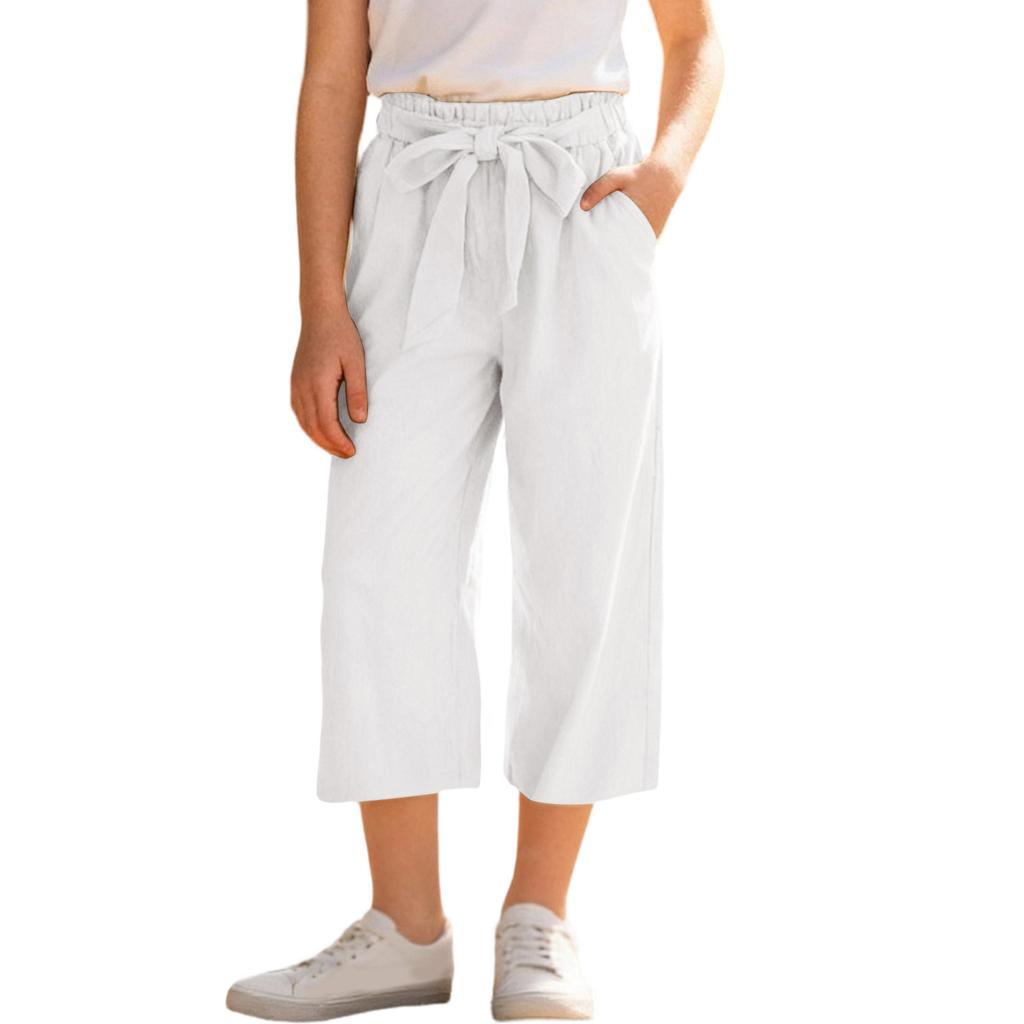 Girls' -Color Cotton-Linen Wide-Leg Loose-Fit Cropped Pants With Elastic Waistband
