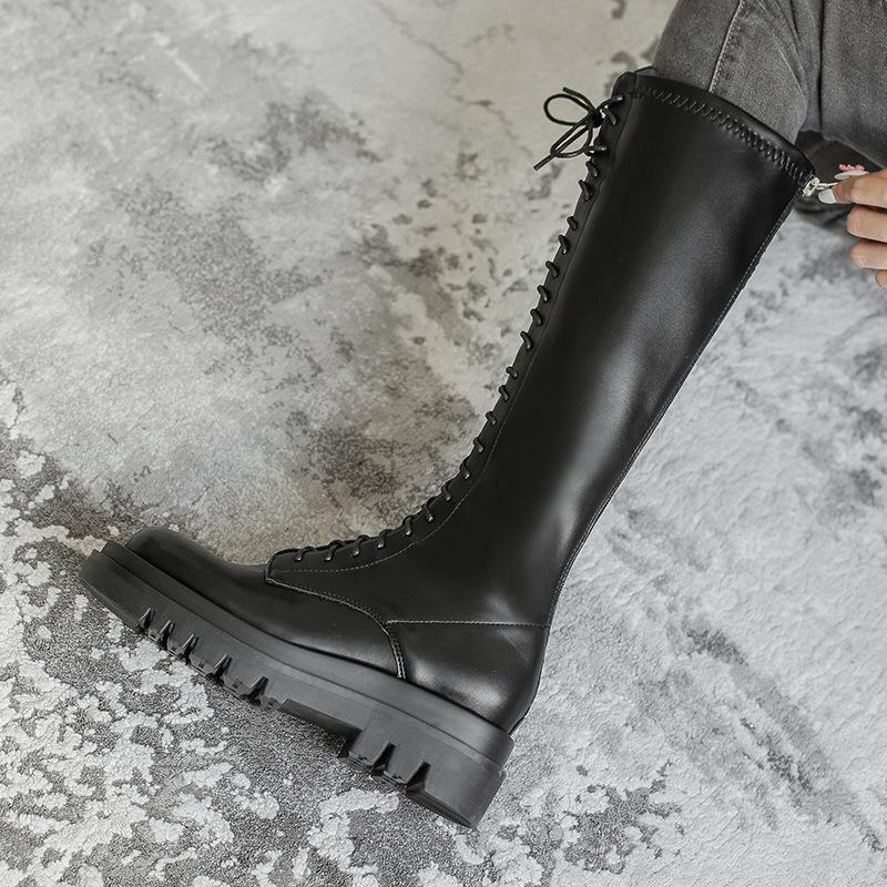 Martin Boots Black Thick-soled Slim Lace-up High Boots Long Knight Boots Women's Autumn and Winter