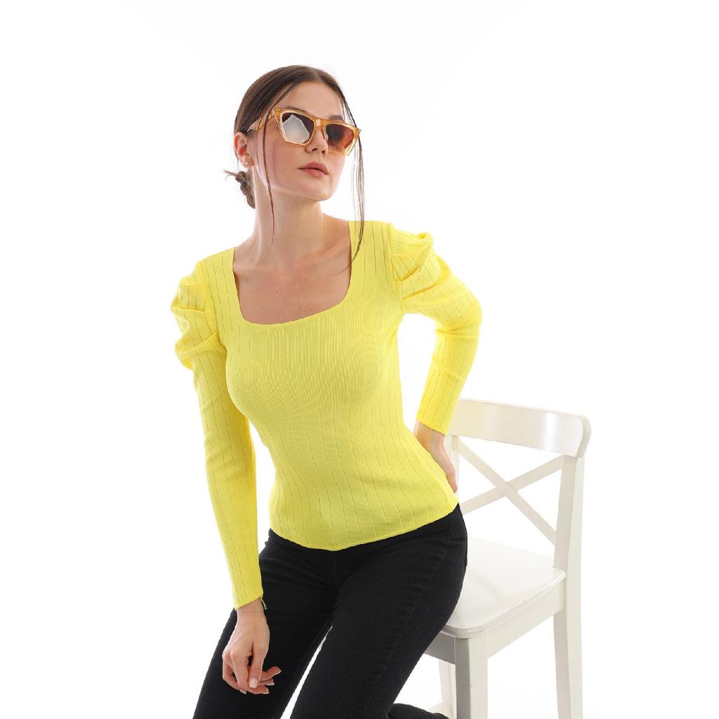 Women's Red Sleeve Pleated Gathered Princess Sleeve Square Collar Blouse Sweater