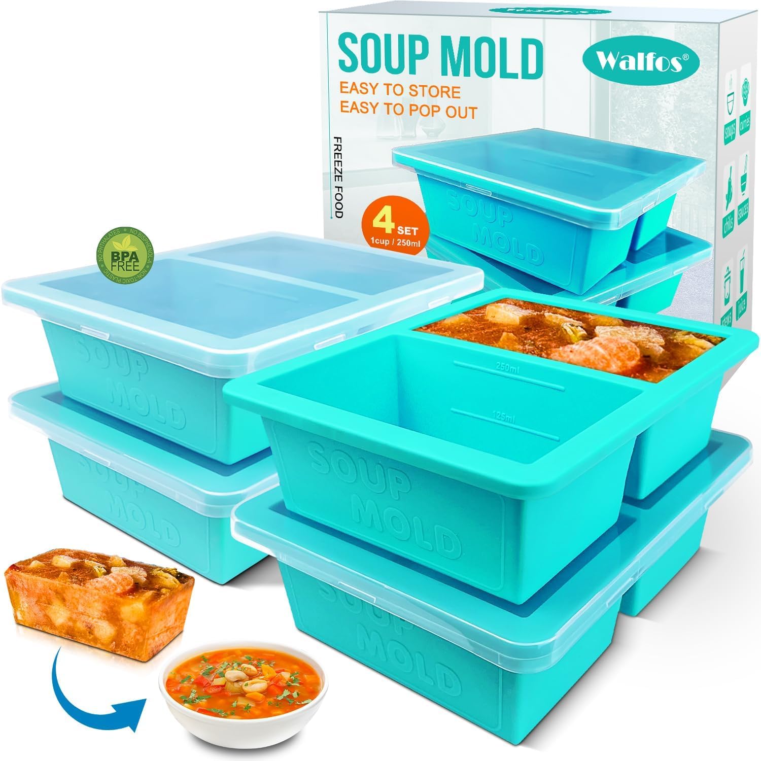 Walfos Силиконовые формы для заморозки на 1 стаканчик с крышкой, 4 упаковки, лоток для замораживания супа и кубиков льда для еды, силиконовый контейнер для замораживания продуктов для хранения и замораживания