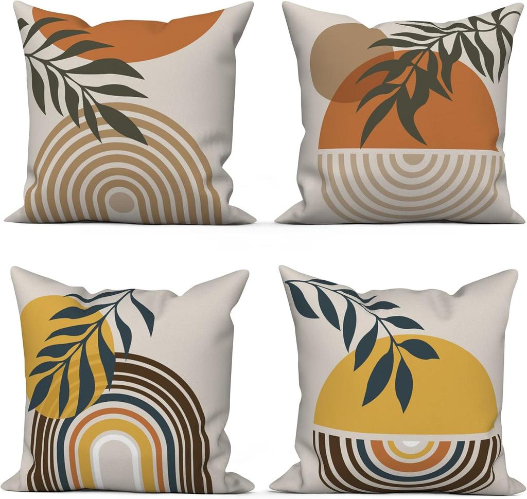 4Pcs Retro Abstract Cushion Covers, Boho Sun & Leaf Geometric Pillow Cases For Sofa Bedroom Living Room 45X45Cm
