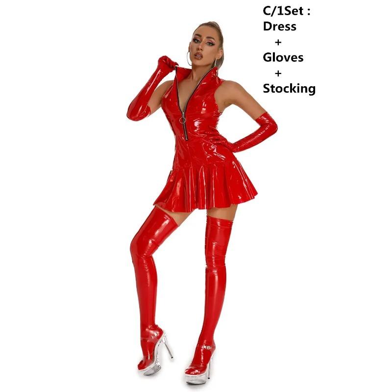 Women Sexy Glossy Leather Slip Dress Lady Erotic Shaping Pleated Short Dress PVC Zipper Porn Breast Exposing Latex Mini Dresses