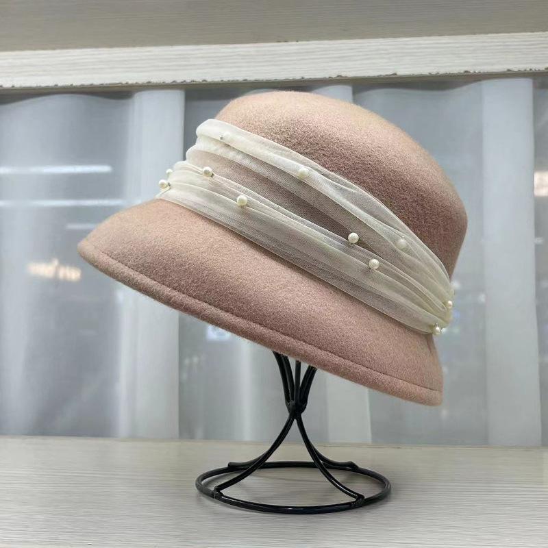 White wool pearl bucket hat high-end temperament French retro elegant top hat bowl golden woolen pot hat girl