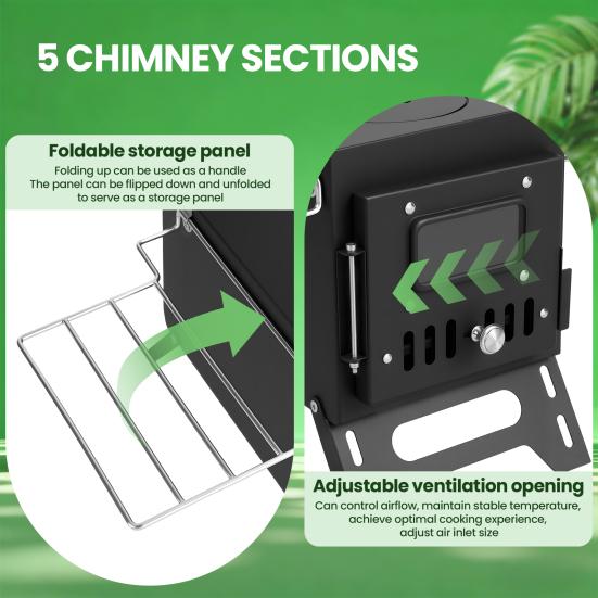 Outdoor Stove Wood Burning with 5 Pipes Accessories, Large Firebox Heating Cooking Hot Tent Camping Stove, Portable Stainless Steel for Outdoor,
