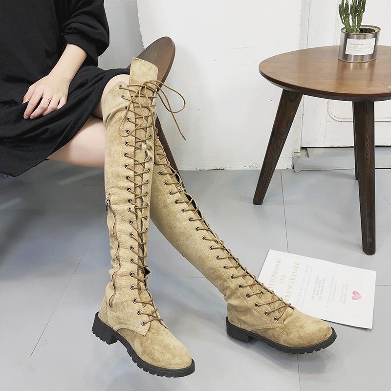 Mode Overknee-Stiefel Damen Stiefel Flats Schuhe Frau Square Heel Gummi Flock Stiefel Botas Winter Oberschenkel Hohe Schlanke Stiefel aus Wildlederimitat