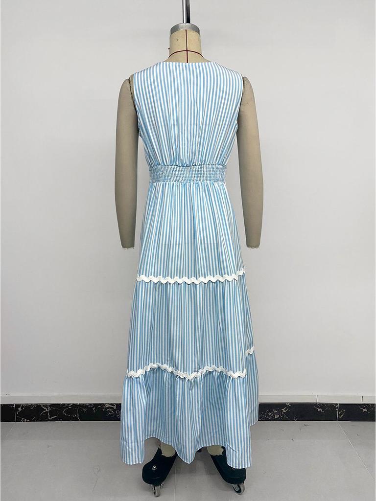 2026 European Striped Lace Patchwork Maxi Dress - Waist-Cinched, V-Neck, Sleeveless, Summer Style for Women