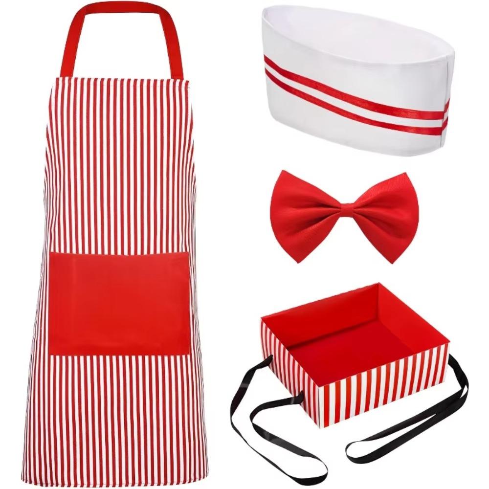 Carnivals Circus Waiter Cosplay Apron with Hat Red and White Stripe Chef Costume Roleplay Theme Party Kitchen Uniforms Dress Up