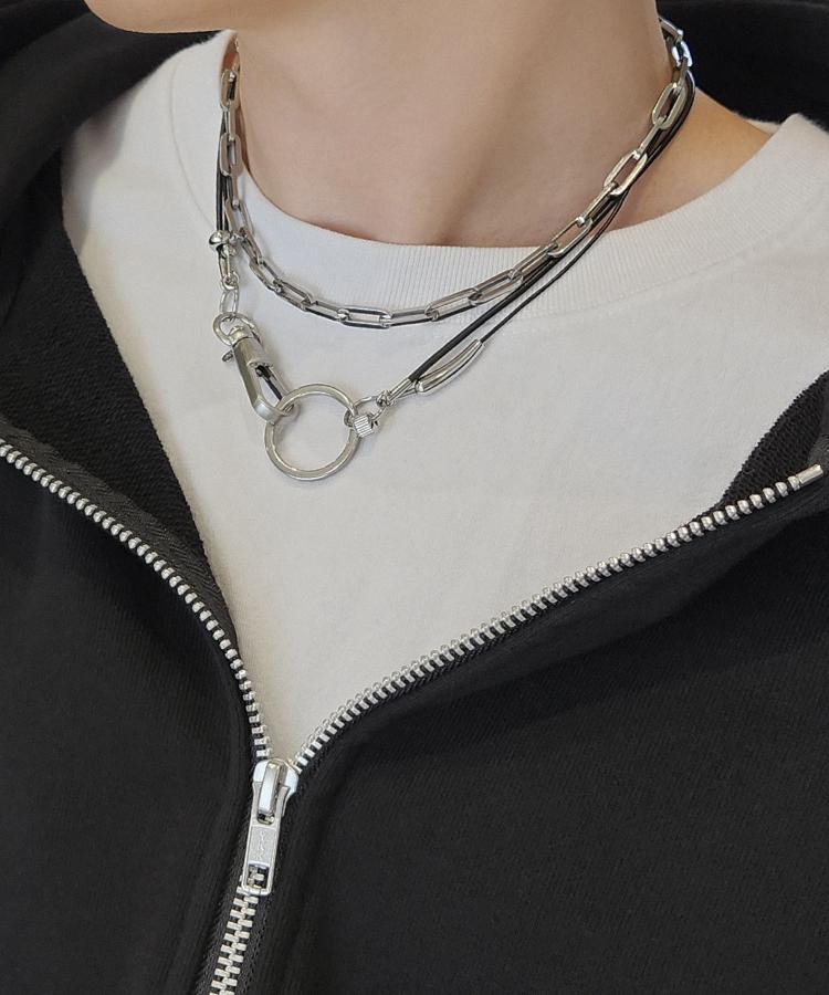 Acha Real Leather Link Circle Layered Necklace _ Black