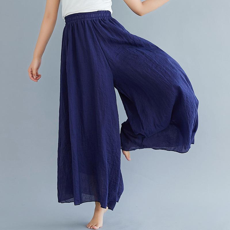 Summer Women's Trousers Artistic Large Size Cotton and Linen Wide-leg Trouser Skirt Linen Skirt Elastic Waist Solid Color Ethnic Style Trouser Skirt