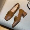 French Square Head Thick Heel Single Shoes Women'S Winter British Style Small Leather Shoes Retro Soft Leather High Heel Loafers