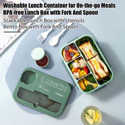 1300ML Lunch Box with Fork Spoon 4 Compartments Bento Box Leak-Proof BPA-Free Reusable