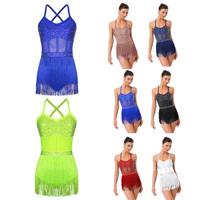 Rochie de Dans Latin pentru Femei Body Transparent cu Plasă Patchwork Design cu Strassuri Franjuri în Straturi Costum Tango