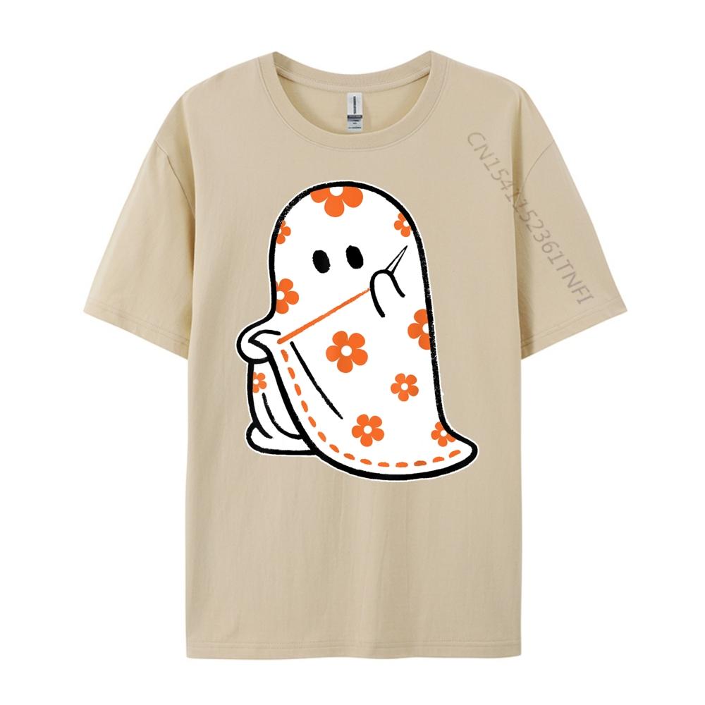 Halloween Costume Sewing Ghost Boo Funny Sewing Lovers Women White Graphic Tee Natural Tops Alphabet