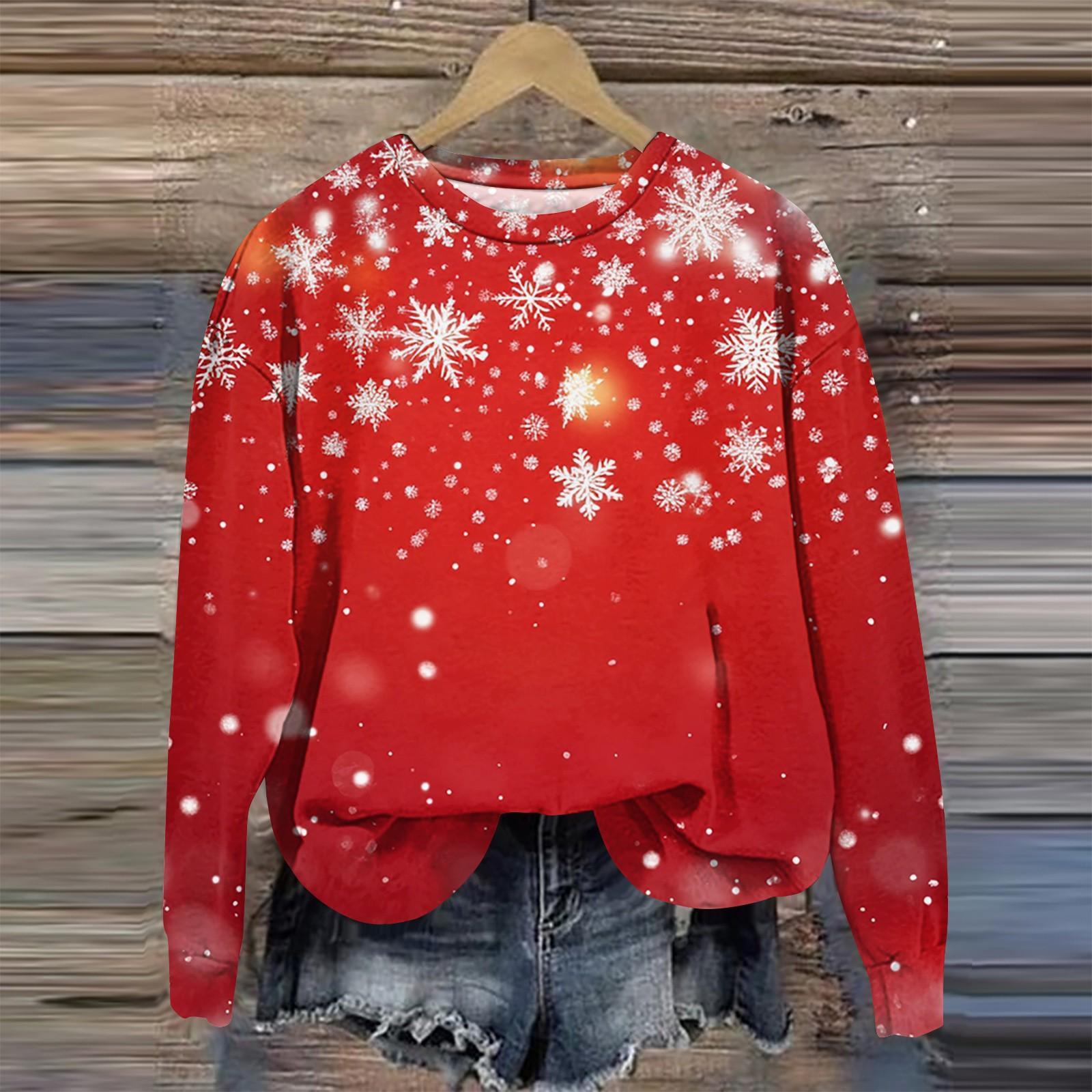 Женская мода круглый вырез пуловер длинный рукав футболка рождественский принт топ — фото 4