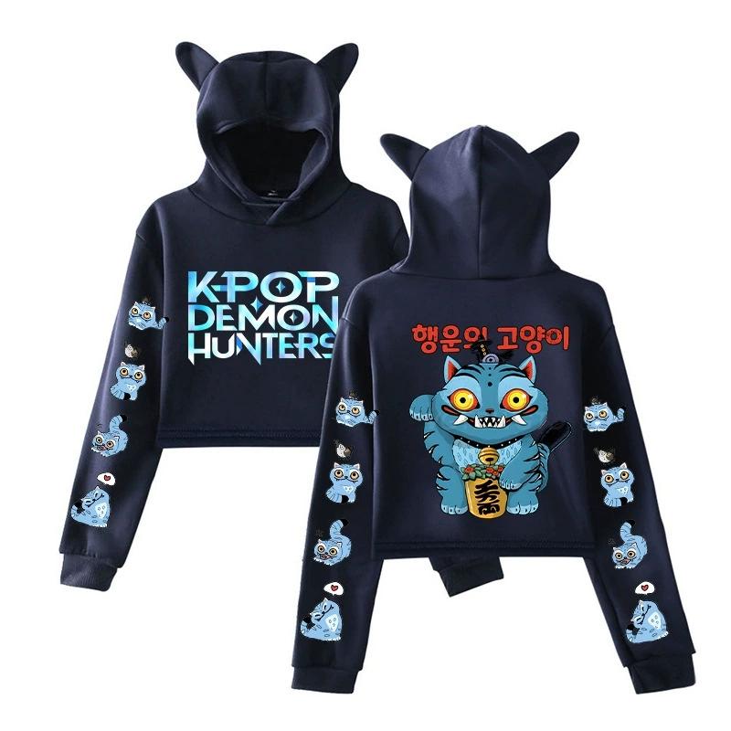 Cute KPop Demon Hunters Cartoon Cat Ears Short Hoodie Sweatshirt Thick Winter Polyester Fiber Printed Full Sleeve Other Styles XXS темно-синий 1790₽