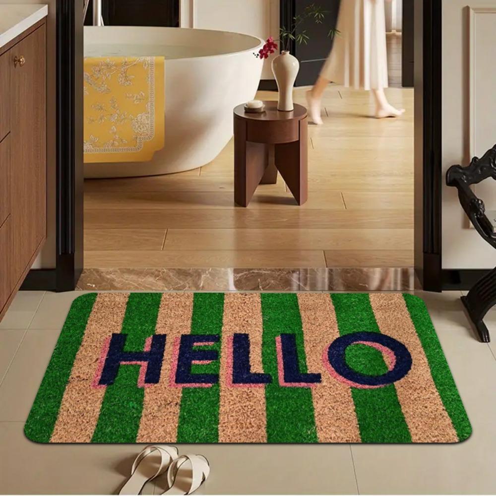Green Brown Striped HELLO Welcome Doormat Non Slip Washable Entrance Floor Carpet Indoor Outdoor Home Decor RV Mat 1PC