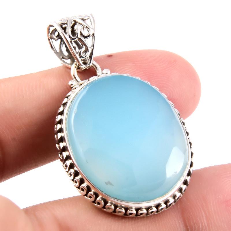 Natural Aqua Chalcedony Gemstone 925 Solid Sterling Silver Pendant 1.6" e0N93