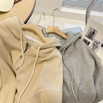 Damen-Kapuzenpullover mit Waffelstrickmuster – Neuer Herbststil, lockere Passform, vielseitig, schmal, lässiger Reißverschluss-Cardigan